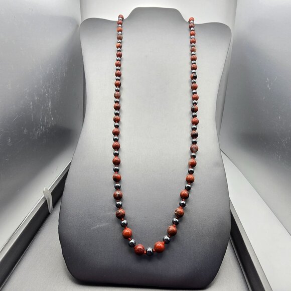 VTG Red Brecciated Jasper & Hematite Handtied Beaded Necklace 28" Natural Stone - Picture 7 of 7